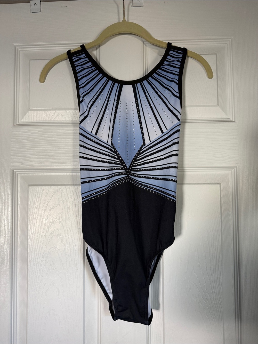 Girls' Black and Light Blue Gymnastics Leotard with Sparkle Accents